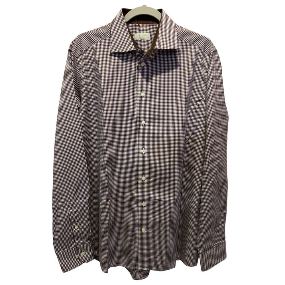 Eton Men's Button Front Dress Shirt Brown Purple Plaid Sz 41/16 Contemporary euc